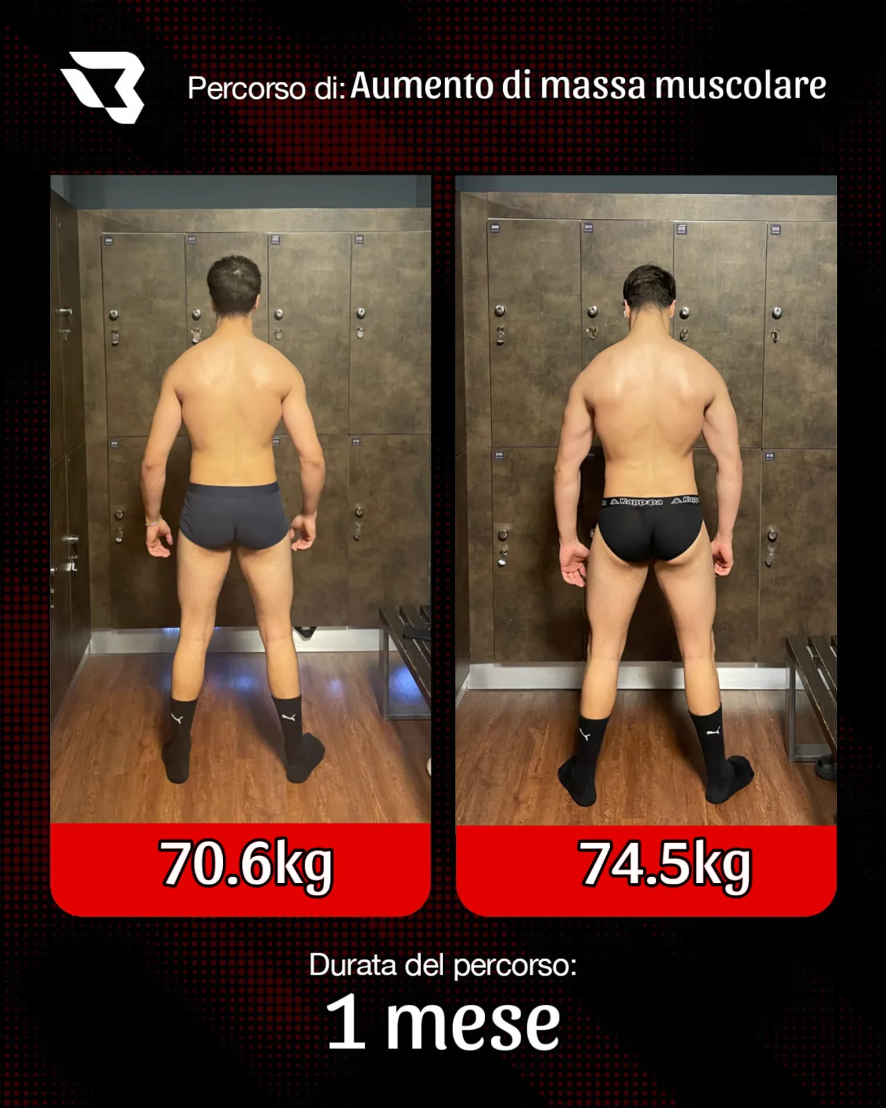 Percorso di aumento di massa muscolare in 1 mese: da 70,6 kg a 74,5 kg