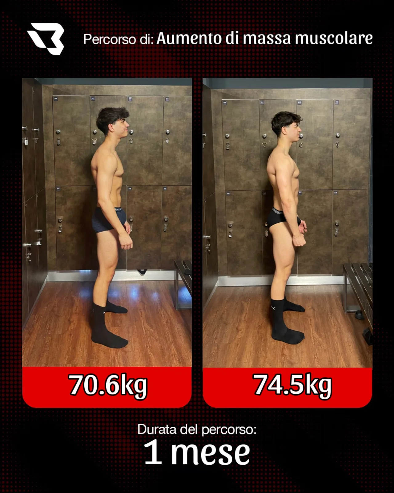 Percorso di aumento di massa muscolare in 1 mese: da 70,6 kg a 74,5 kg
