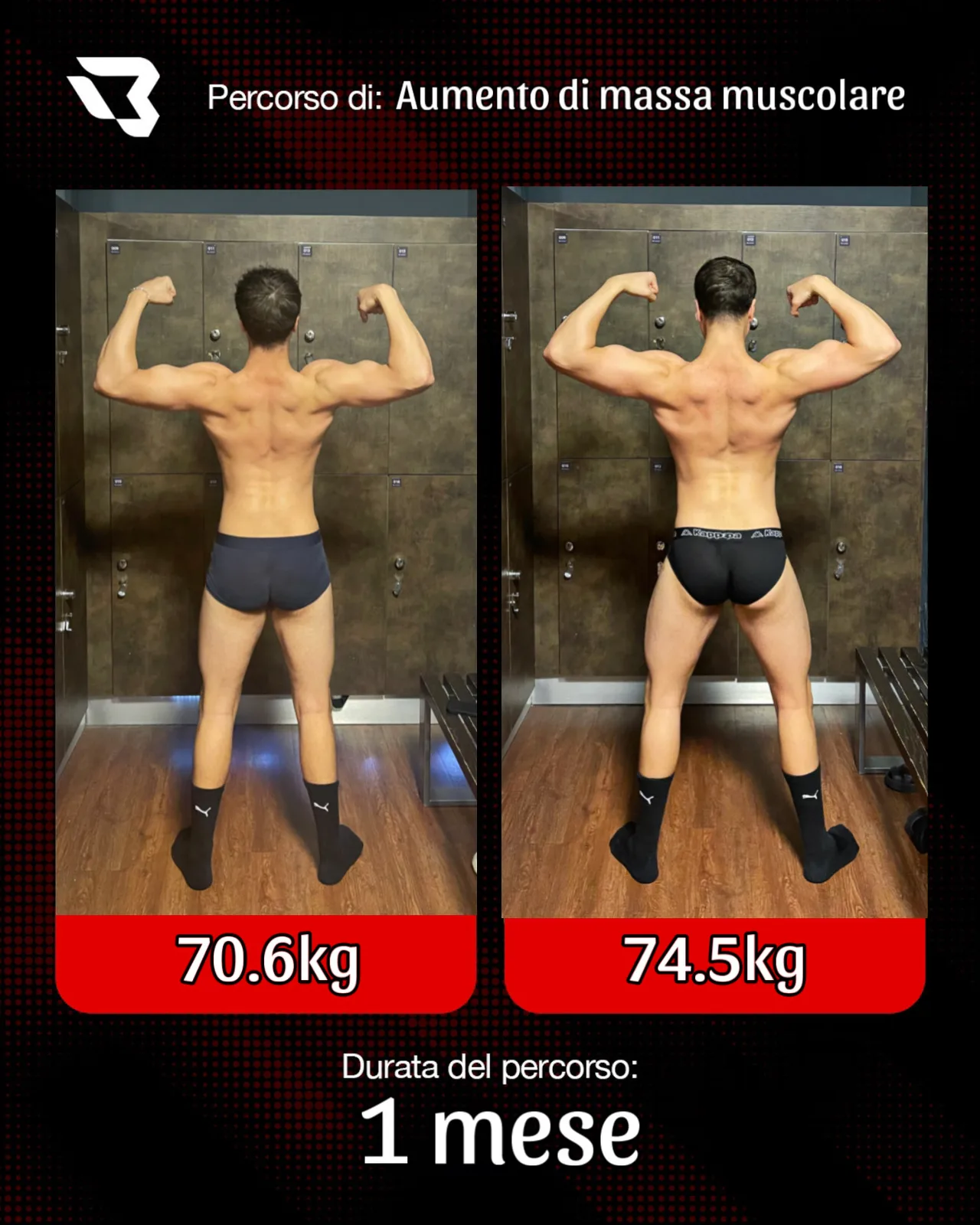 Percorso di aumento di massa muscolare in 1 mese: da 70,6 kg a 74,5 kg