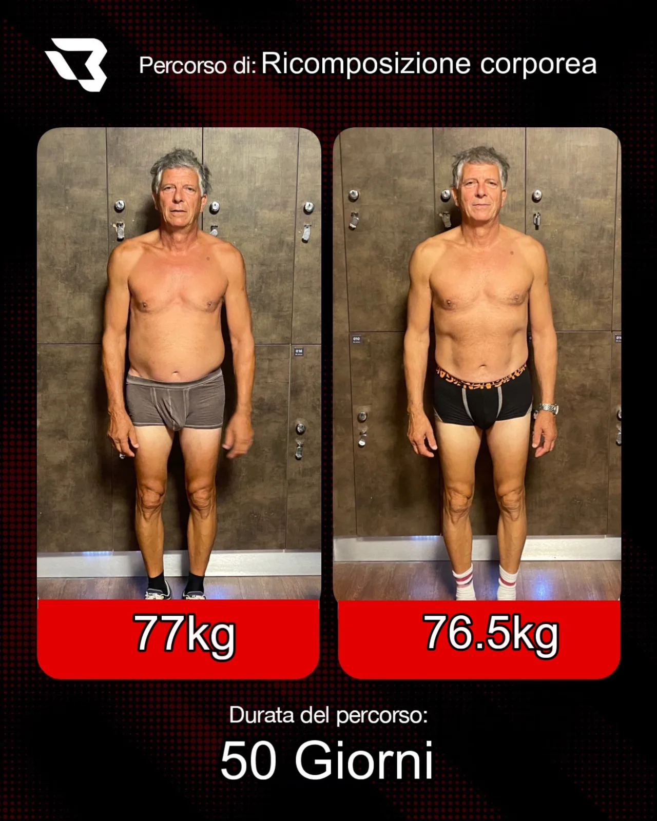 Percorso di ricomposizione corporea in 50 giorni: da 77 kg a 76,5 kg