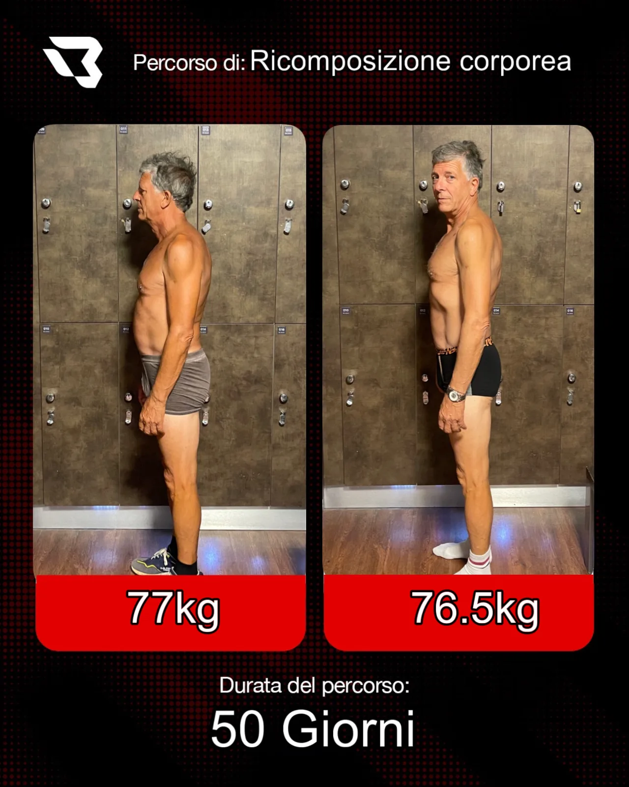 Percorso di ricomposizione corporea in 50 giorni: da 77 kg a 76,5 kg